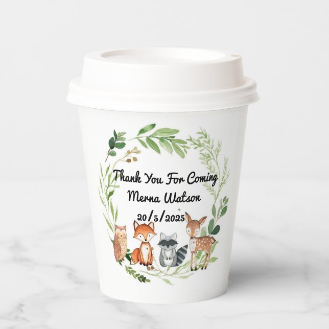 wood land animals greenery design paper cups (Front)