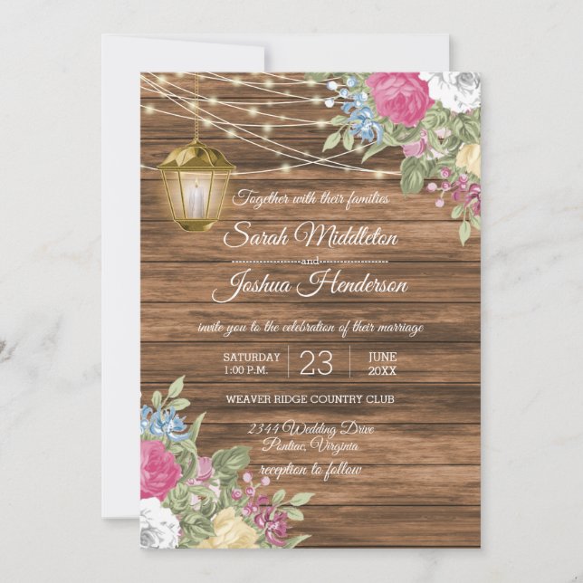 Wood, Lantern and Beautiful Spring Flower Wedding Invitation (Front)