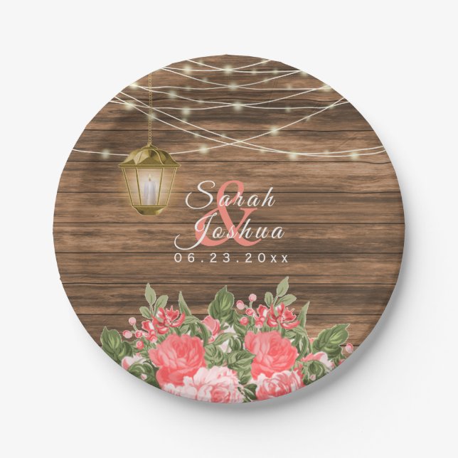 Wood, Lantern and Coral Flower Paper Plate (Front)