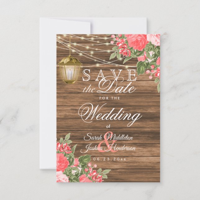 Wood, Lantern and Coral Flower - Save the Date  (Front)