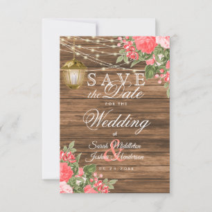 Wood, Lantern and Coral Flower - Save the Date