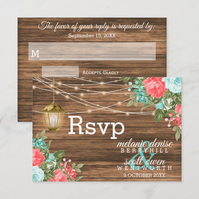 Wood, Lantern and Teal, Coral Flowers  RSVP Card (Front/Back)