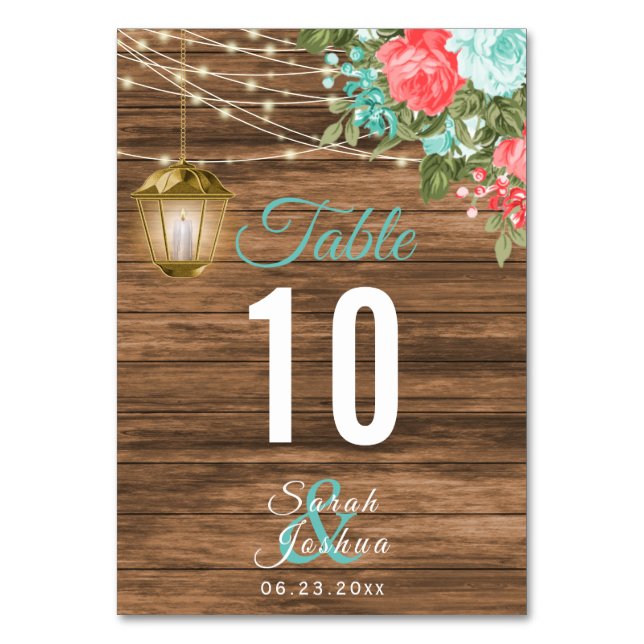 Wood, Lantern with Teal & Coral Floral Table Number (Front)
