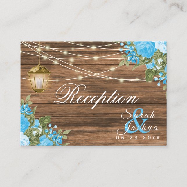 Wood, Lanterns and Baby Blue Flower - Reception Enclosure Card (Front)