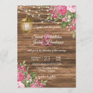 Wood, Lanterns and Mauve Pink Flower Wedding Invitation