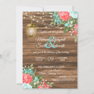 Wood, Lanterns and Teal, Coral Flower Wedding  Invitation