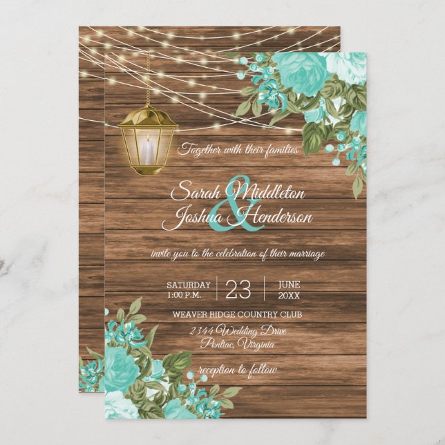 Wood, Lanterns and Teal Flower Wedding Invitation (Front/Back)