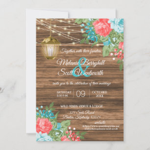 Wood, Lanterns with Teal, Coral Flower Wedding   Invitation