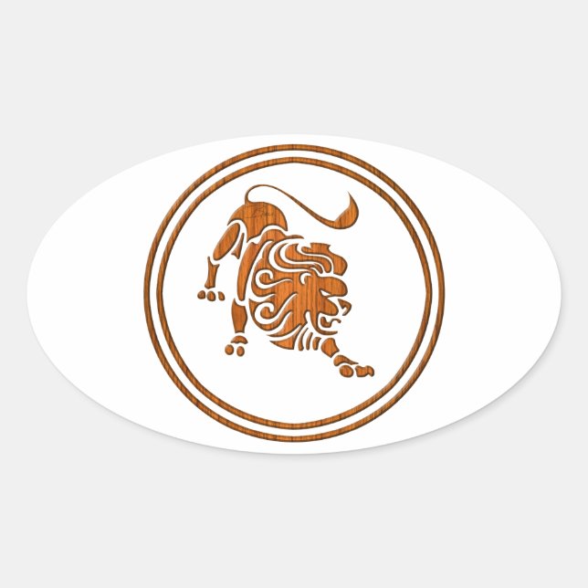 Wood Leo Zodiac Lion Astrology Sign Oval Sticker (Front)