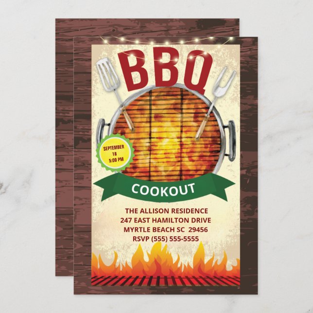 Wood Lights BBQ Grill  Cookout  Summer  Party Invitation (Front/Back)