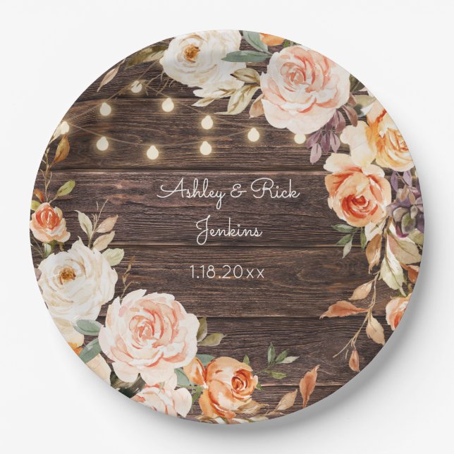 Wood, Lights, Blush Pink & Peach Floral Wedding Paper Plate (Front)