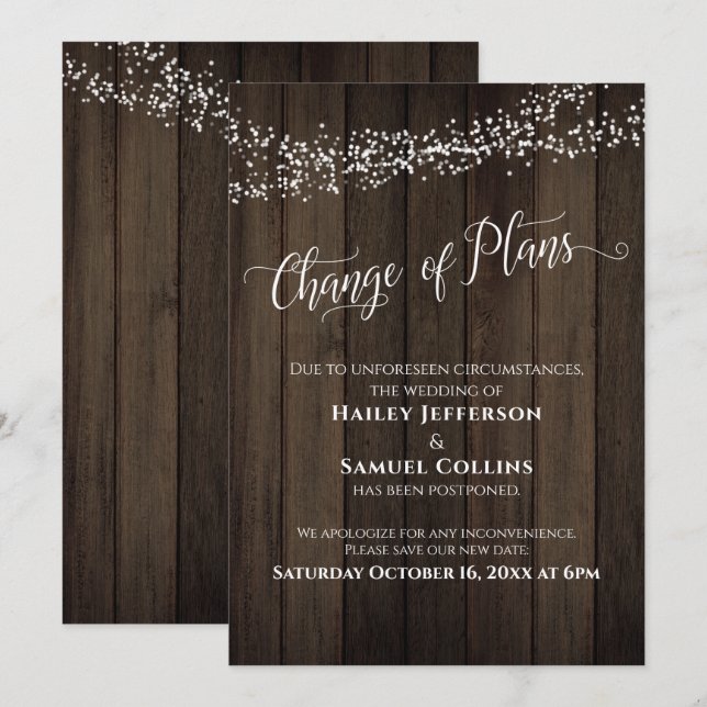 Wood Lights Change of Plans Postponed Wedding Card (Front/Back)