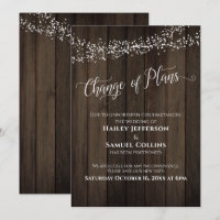 Wood Lights Change of Plans Postponed Wedding Card