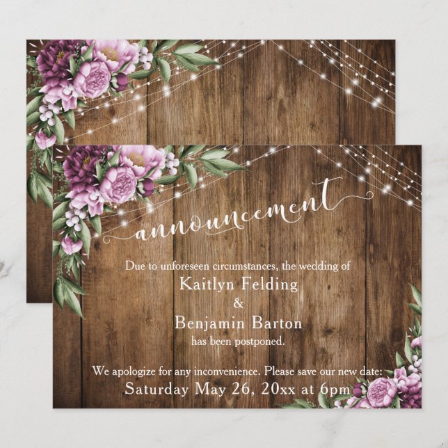 Wood Lights Flowers Postponed Wedding Announcement (Front/Back)