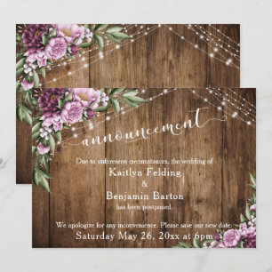 Wood Lights Flowers Postponed Wedding Announcement
