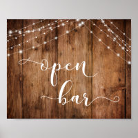 Wood & Lights Open Bar Reception Sign