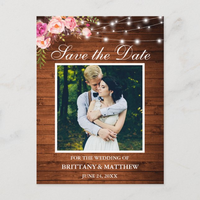 Wood Lights Pink Floral Photo Save the Date Postcard (Front)