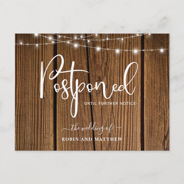 Wood & Lights, Postponement Wedding Announcement Postcard (Front)