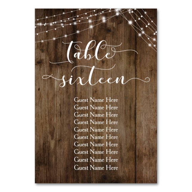Wood & Lights Table Sixteen with Guest Names Card (Front)