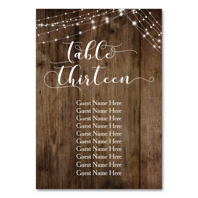 Wood & Lights Table Thirteen with Guest Names Card (Front)