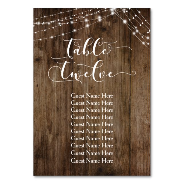 Wood & Lights Table Twelve with Guest Names Card (Front)