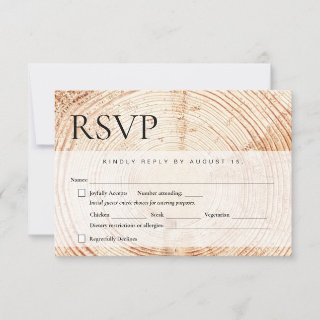 Wood log bark Rustic Wedding meal choices RSVP Card (Front)