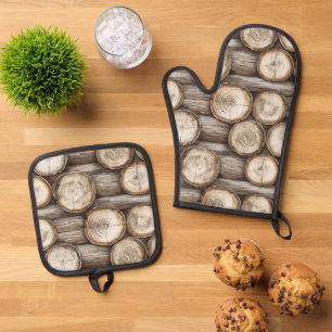 Wood Log Cabin Christmas Oven Mitt & Pot Holder Set