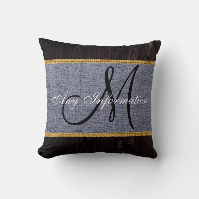 Wood Look Grey Burlap Rustic Monogram Cushion (Front)