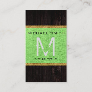 Wood Look Lime Green Burlap Rustic Monogram Business Card