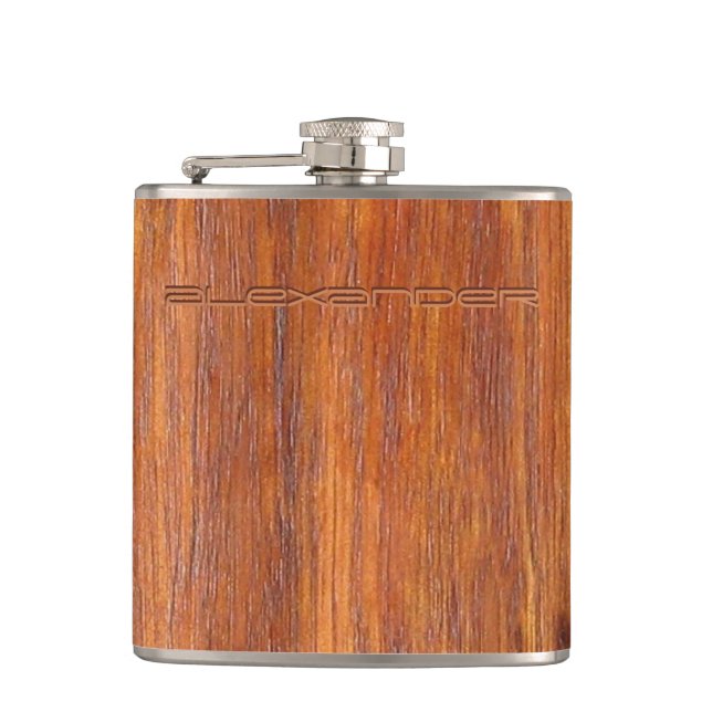 Wood look with custom engraved name hip flask (Front)