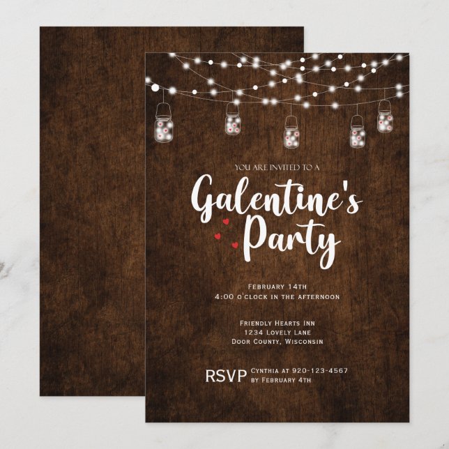 Wood Mason Jar Galentines Day Party Valentine  Invitation (Front/Back)