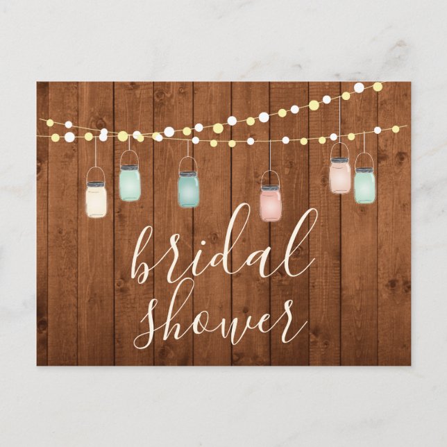 Wood & Mason Jar Lights Rustic Wood Bridal Shower Invitation Postcard (Front)