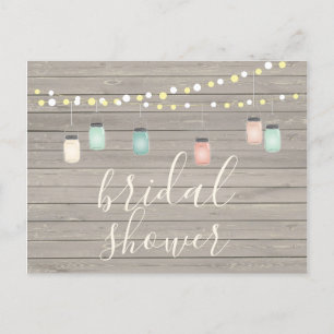 Wood & Mason Jar Lights Rustic Wood Bridal Shower Invitation Postcard