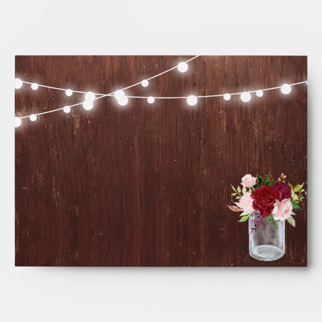 Wood Mason Jar String Lights Burgundy Wedding Envelope (Front)