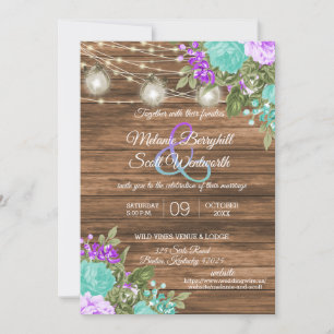 Wood, Mason Jars and Teal, Purple Flower Invitation