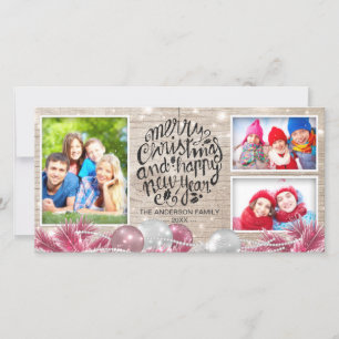 Wood Merry Christmas Happy New Year Greeting Photo Holiday Card