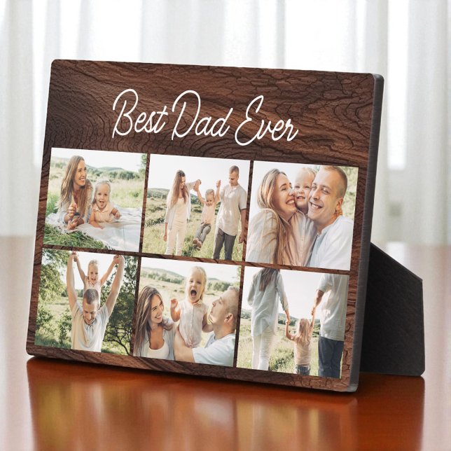 Wood Minimal Best Dad Ever Custom 6 Photo Collage Plaque (Creator Uploaded)