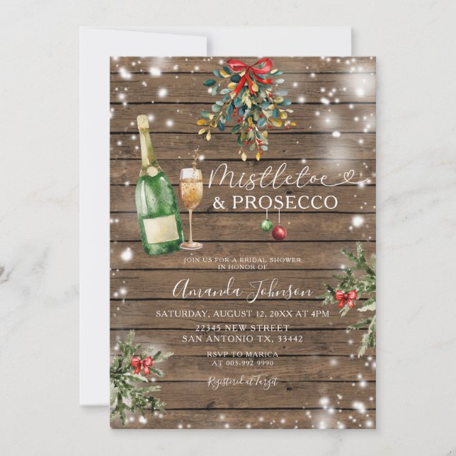 Wood Mistletoe Prosecco Christmas Bridal Shower Invitation (Front)