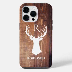 Wood Monogram Initial Rustic Deer Antler iPhone 14 Pro Max Case