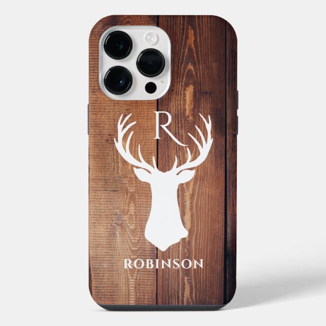 Wood Monogram Initial Rustic Deer Antler  iPhone Case (Back)