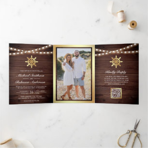 Wood Nautical Gold Ship's Wheel QR Code Wedding Tri-Fold Invitation