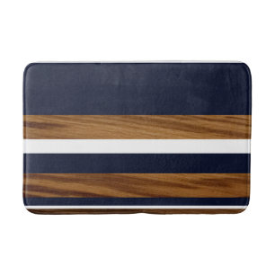 Wood Navy Blue White Stripes #1 Bath Mat