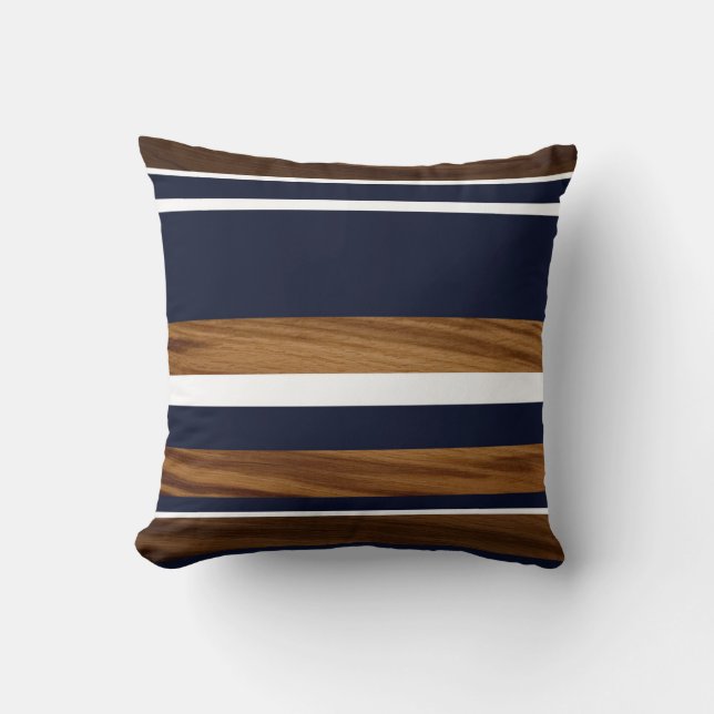 Wood Navy Blue White Stripes #1 Cushion (Front)