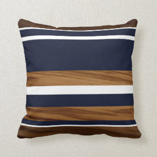 Wood Navy Blue White Stripes #1 Cushion