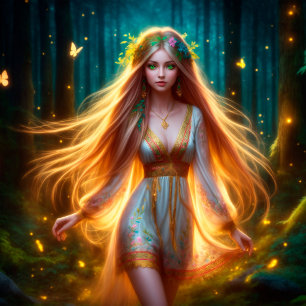 Wood nymph fairy girl gold bright forest floral  poster