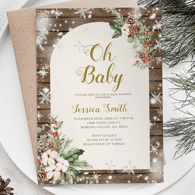 Wood Oh Baby Christmas Snowflakes Baby Shower Invitation (Creator Uploaded)