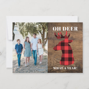 Wood Oh Deer What a Year Buffalo Plaid Photo Holiday Card