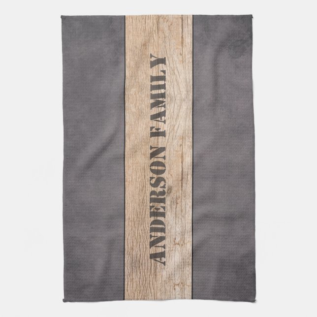 Wood on Dark Background, Family Name Tea Towel (Vertical)