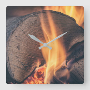 Wood on fire square wall clock