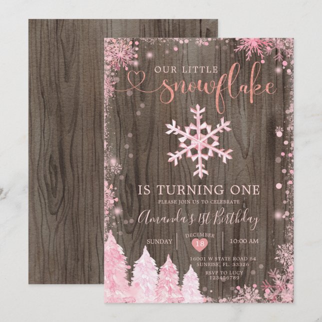 Wood Onederland Pink Snowflake 1st Birthday  Invitation (Front/Back)
